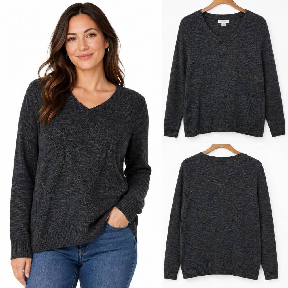CJ Banks Gray Cable Knit Sweater Women's XL V Neck
